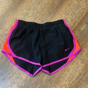 Nike Black Athletic Shorts with Purple Trim and Orange Panels